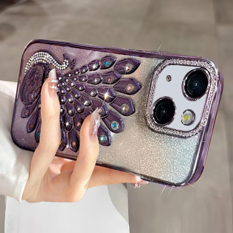Image of mobistyle Designed for iPhone 14,3D Diamond Luxury Electroplate Glitter Peacock Tail Bling Design Camera Protection Shockproof Phone Back Cover Case for (Purple, iPhone 14)