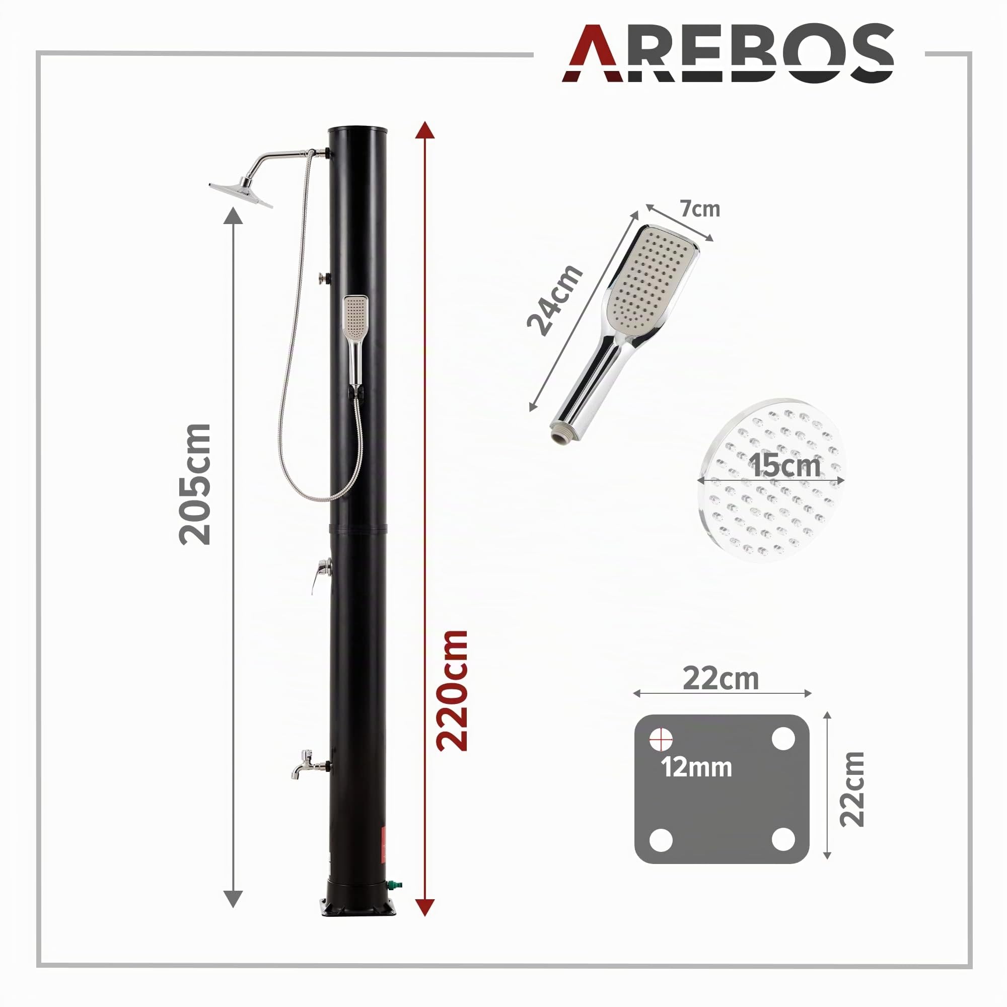 Arebos Ducha Solar 40 L con Base | Negro Premium | Base de Acero Antracita | Ducha de Mano Desmontable | Ducha Exterior jardín