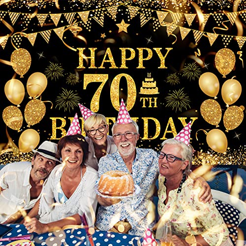 Image of 70th Birthday Decorations Happy 70th Birthday Banner for Men Women Black Gold 70 Years Birthday Party Decorations Background for Home Birthday Decor(71 x 45 inch)