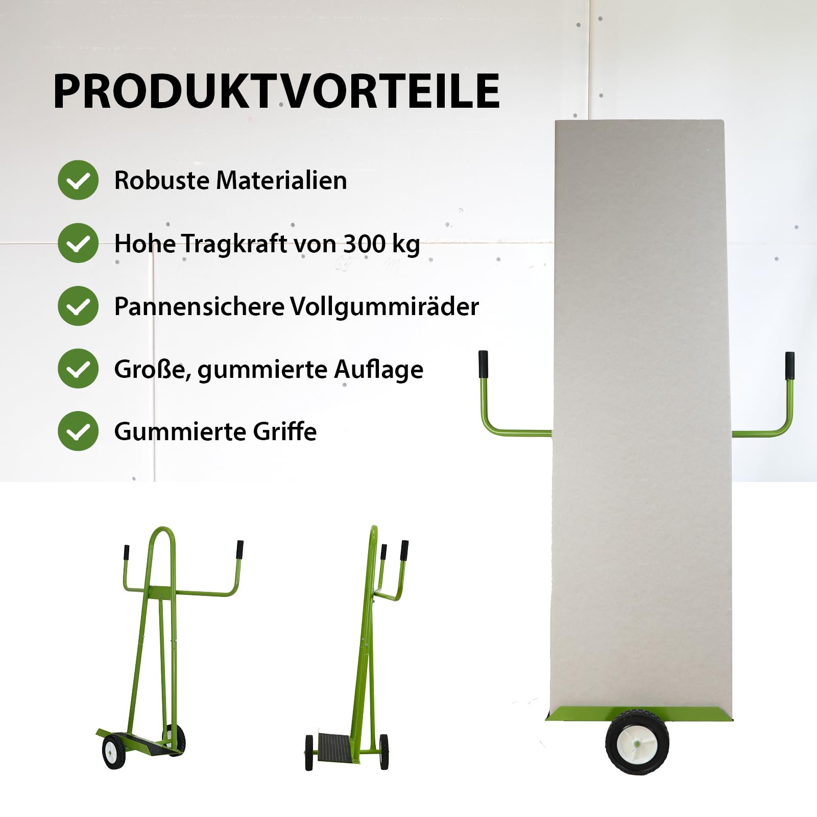 TRUTZHOLM Plattenwagen Stahl pulverbesichtet rostfrei Tragkraft 300 kg Aufstellbreite 18 cm Aufstellhöhe 128 cm pannensichere Vollgummiräder Plattentransportwagen Transportwagen Plattenkarren in Grün