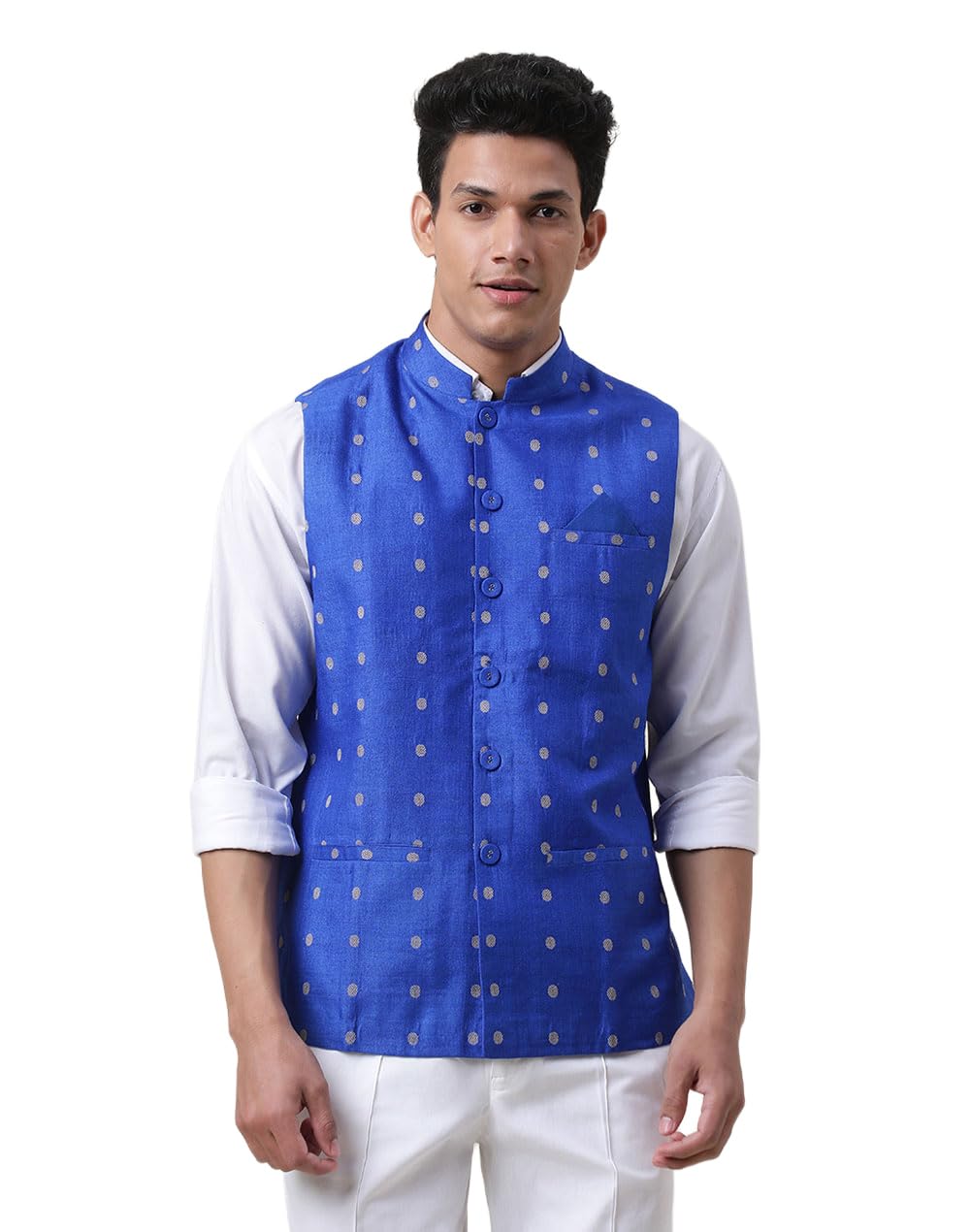 fabindia Men Silk Blend Dobby Nehru Jacket Blue_XS-picture-37