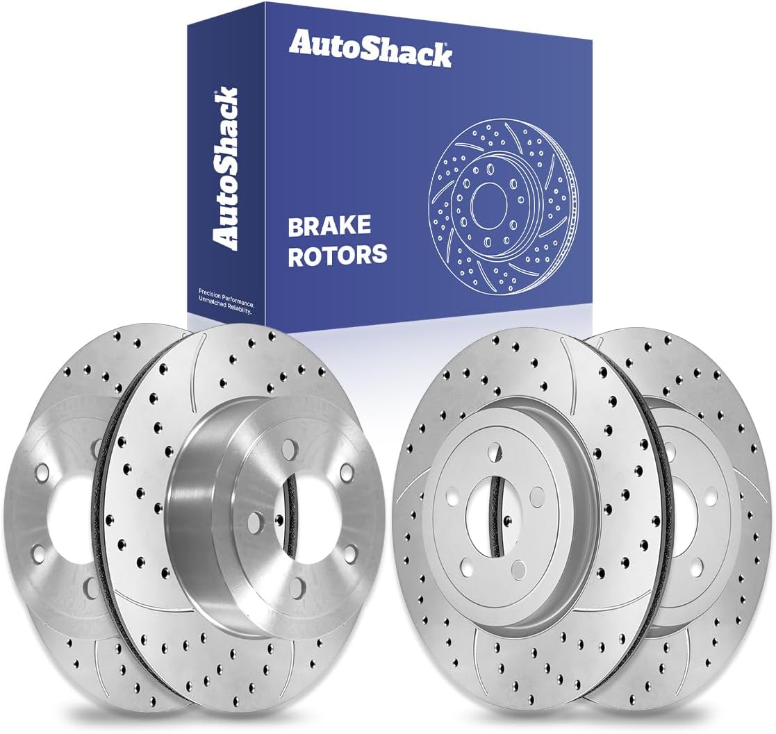 AutoShack Front Vented & Rear Vented Drilled & Slotted E-Coated Brake Rotors 4-PC Set Replacement for 2006-2023 Dodge Charger 2005-2023 Chrysler 300 2009-2023 Dodge Challenger ShadowGuard