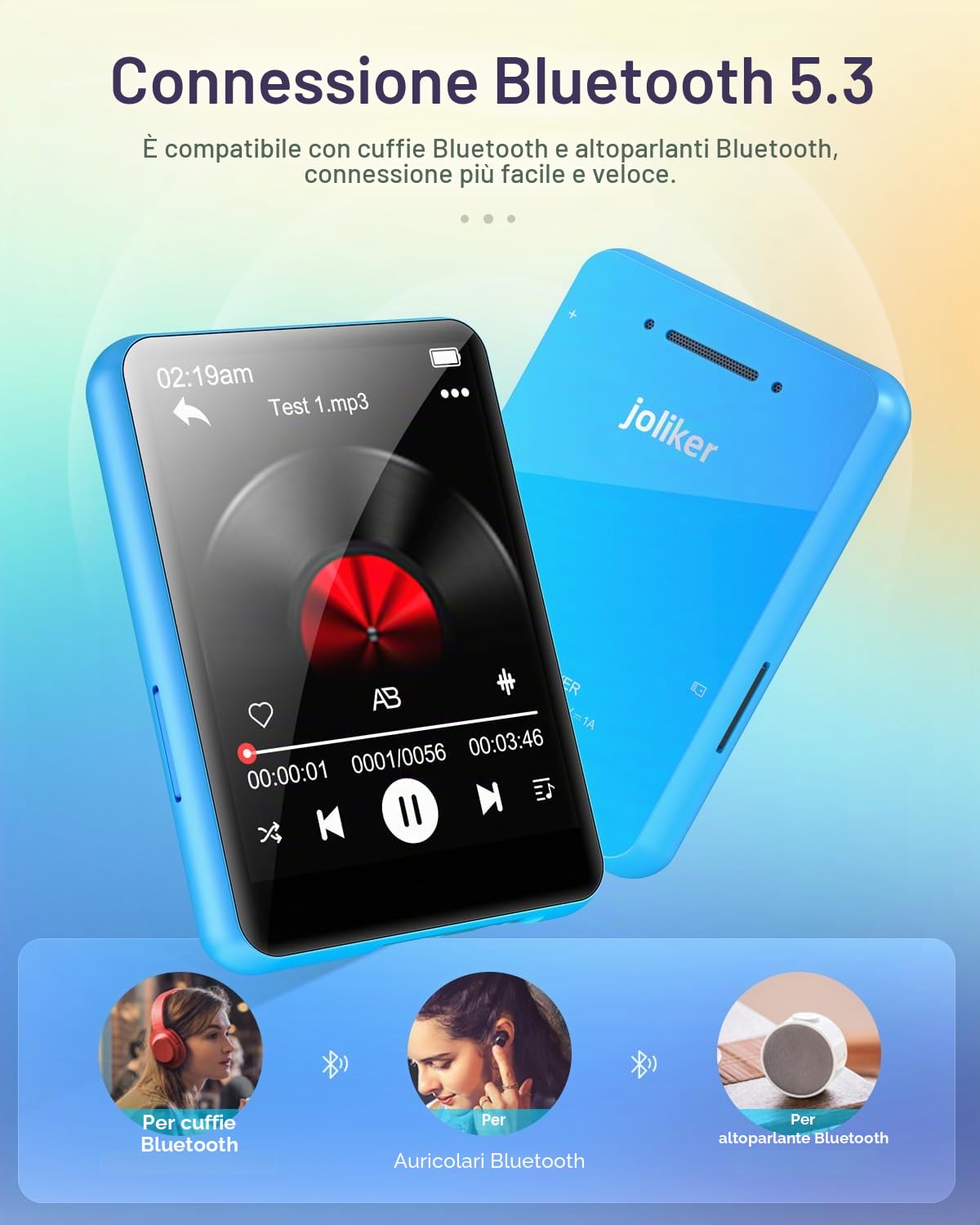 Lettore MP3 da 64 GB con Bluetooth 5.0, joliker portatile digitale senza perdita di musica MP3, touchscreen completo 2.4IN, altoparlante HD integrato, auricolari inclusi, massimo fino a 128 GB