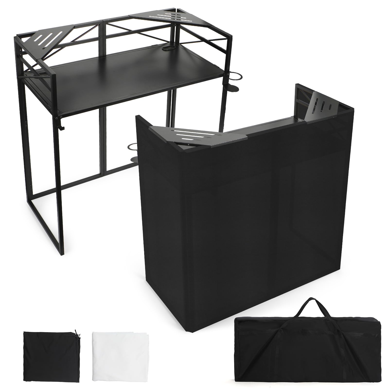 Składana metalowa rama 100 cm x 50 cm budka DJ Facade Booth - przenośny kontroler DJ zestaw stojaków na stół regulowana wysokość 85 cm / 100 cm z czarno-białym tłem, biurko DJ do występów na żywo