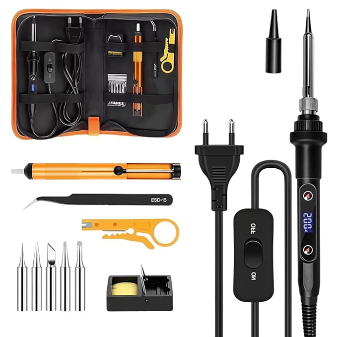 Serplex 12 in 1 Soldering Iron Kit 80W LCD Adjustable Temperature 180-500 Solder Kit Electronics Welding Tools with ON/OFF Switch, Flux, 5 Soldering Tips, Desoldering Pump, Stand, Tweezers-Black