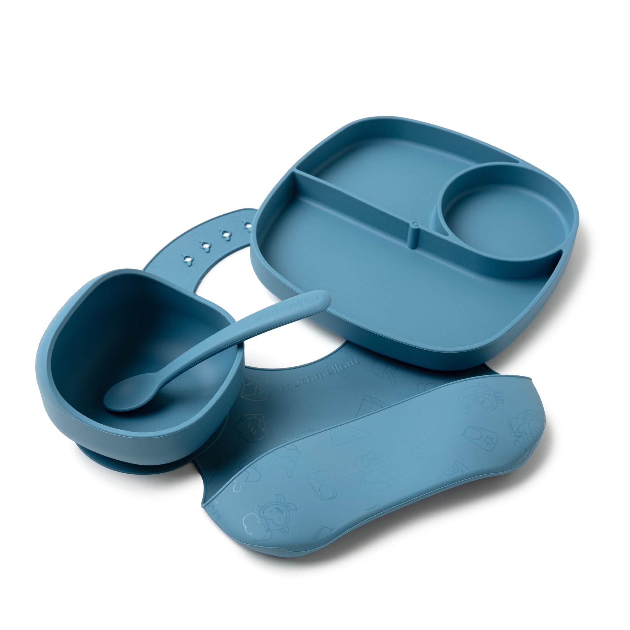 Muchmellow - Set Pappa Silicone MADE IN ITALY 4 Pezzi, Ciotola con Ventosa Anticaduta, Piatto, Cucchiaio, Bavaglino Regolabile, Svezzamento, Plastic Free, BPA Free, Lavabile Lavastoviglie (Blu)