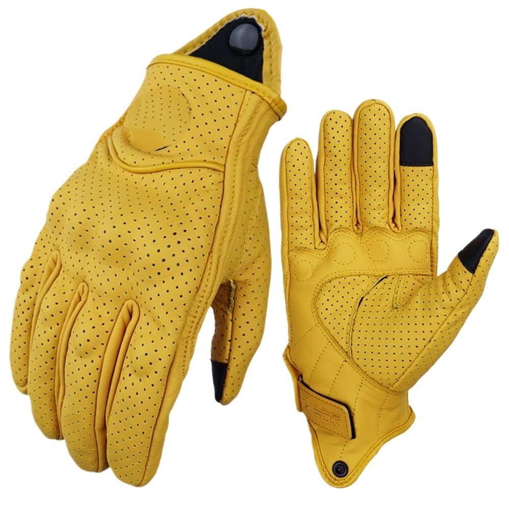 Guanti Moto Vintage Protettivi Touch Screen Perforati - Motocross Estivi Gialli (Yellow Hole, L)