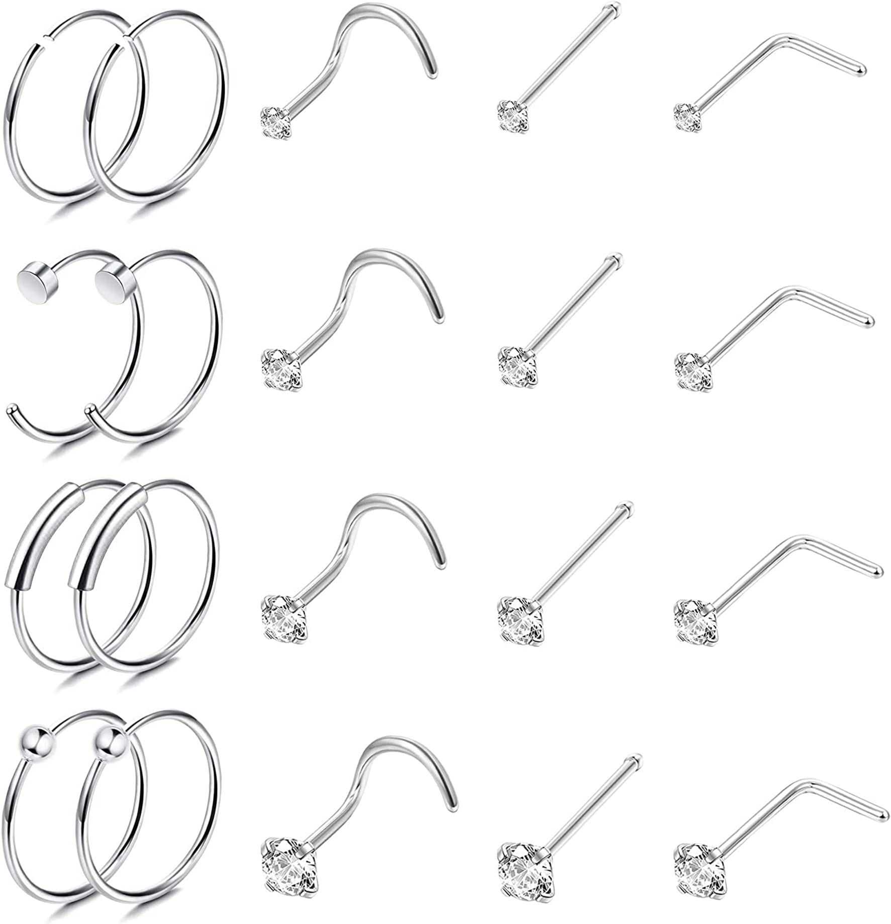 JeweBella Set van 20 neuspiercings, neusstekers voor dames en heren, van chirurgisch staal, kleine L-vorm, neussteker, neuspiercing, CZ neusringen, septumringen voor vrouwen, zilver/goud 18G 20G 22G