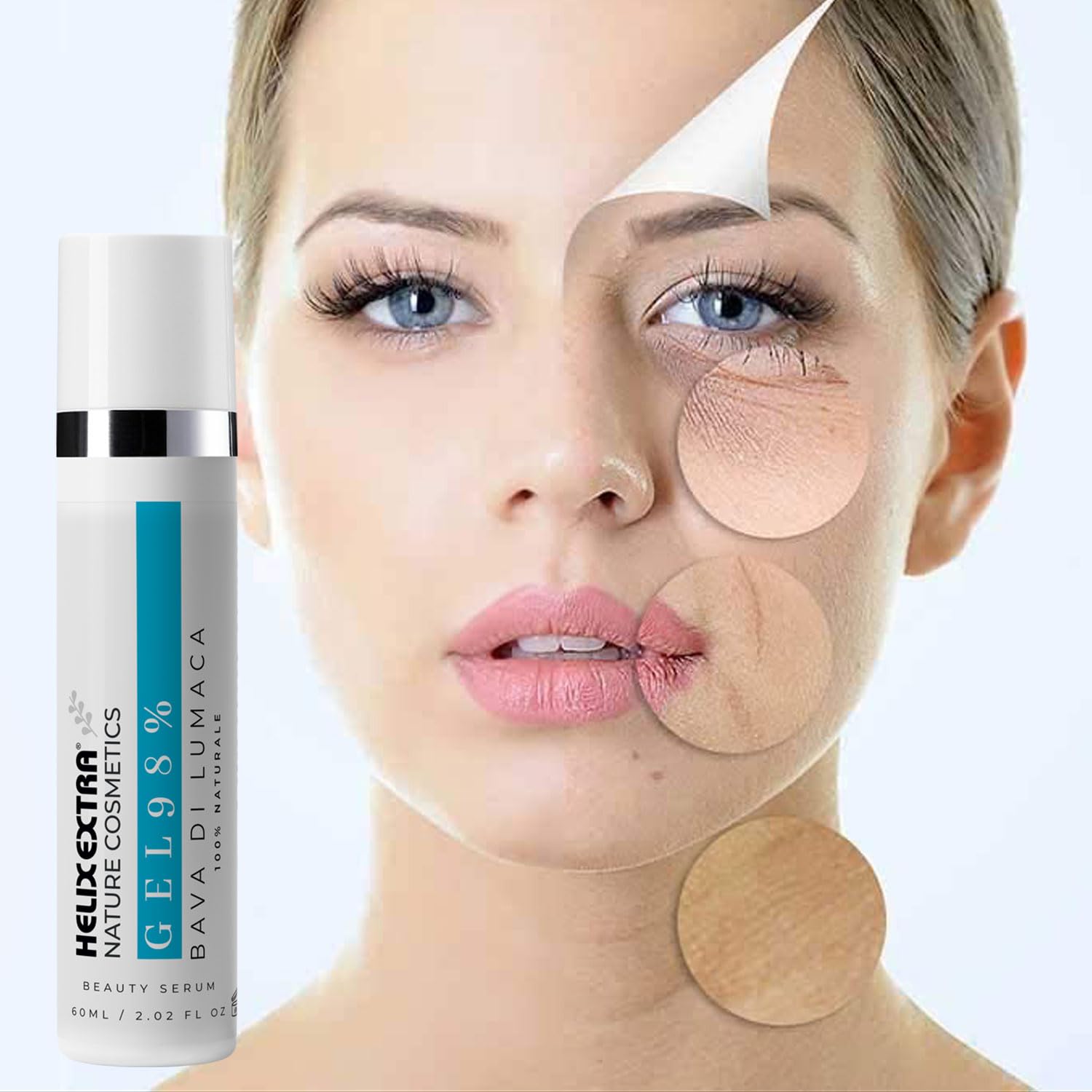 Helix Extra Gel - Siero Viso Bava di Lumaca 98% – Antirughe Antimacchie con Collagene Vitamina C e E – Idratante per Viso Collo Decolletè – Made in Italy 60ml