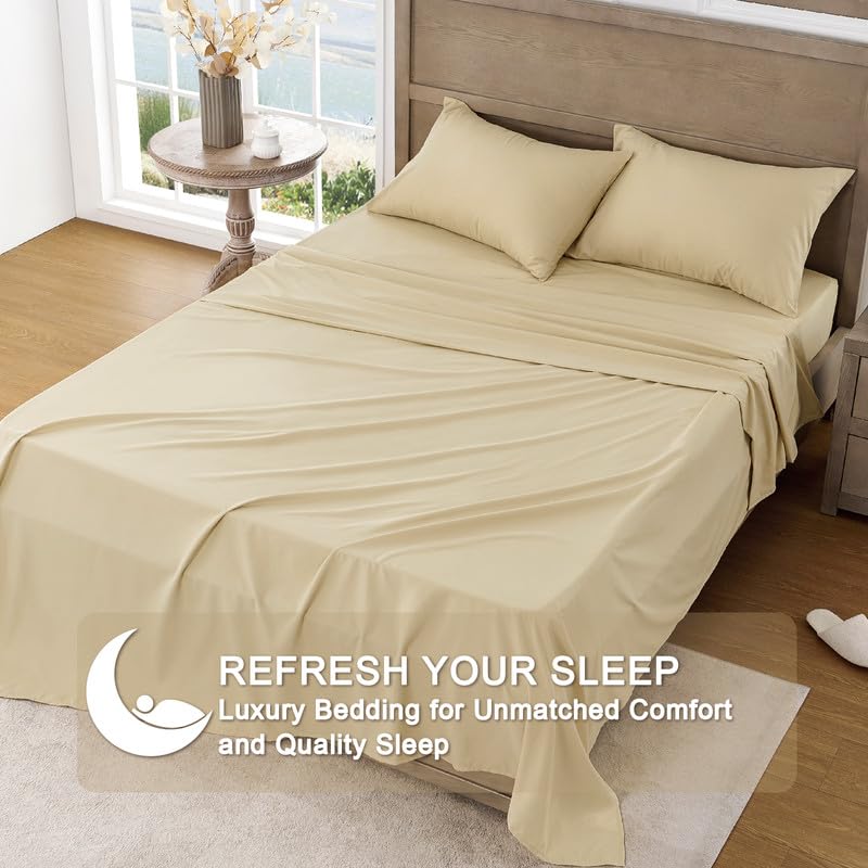 Image of FreshCulture Queen Sheet Set - Ultra Soft Sheets for Queen Size Bed - Brushed Microfiber - Deep Pockets - Easy Care - Cooling & Breathable Sheets - 4 Pieces Hotel Luxury Queen Bed Sheets (Beige)
