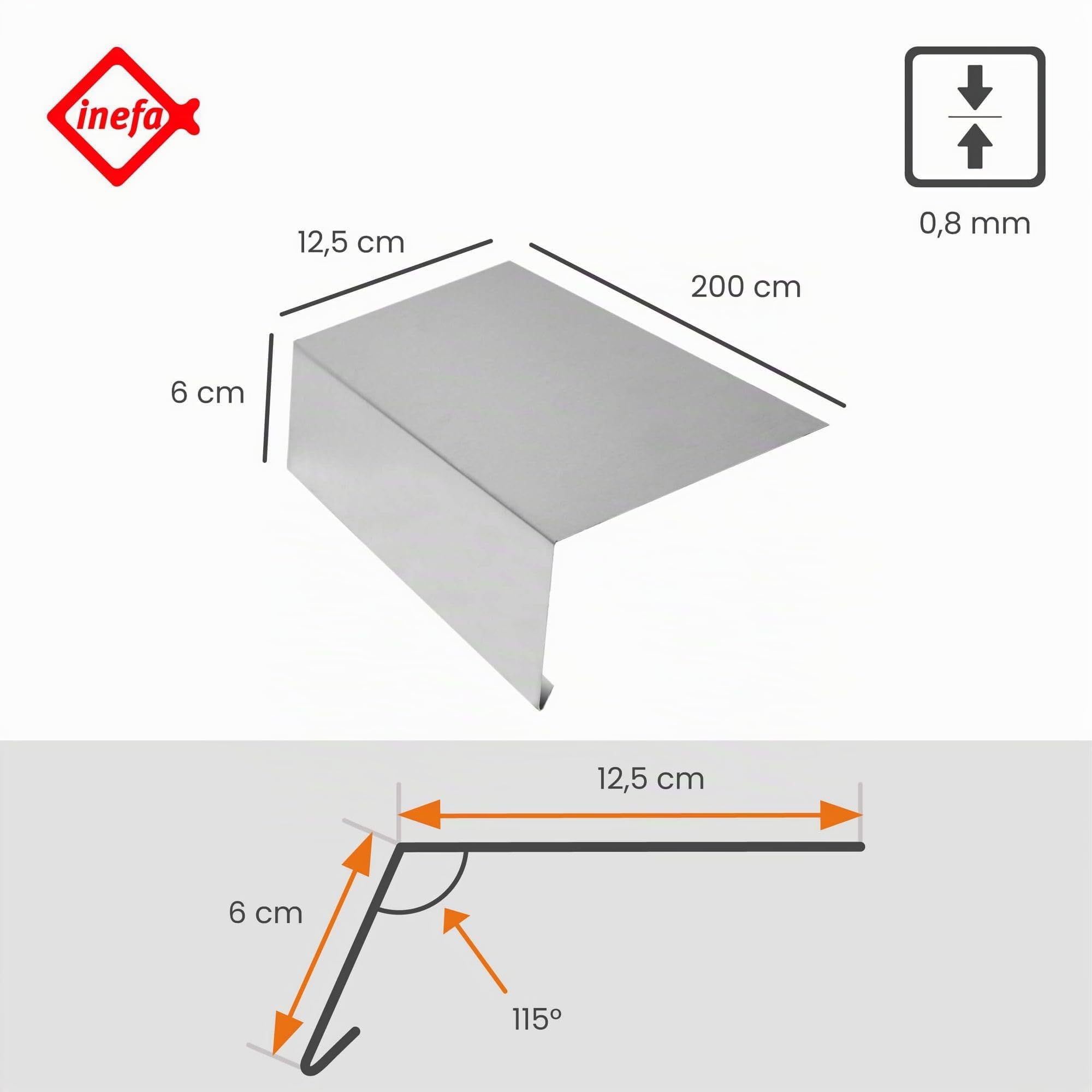 INEFA Cortina de canalón sin pliegue de agua de aluminio 200cm, de chapa de aluminio plateada para el drenaje del tejado, drenaje del agua de lluvia, del tejado al canalón
