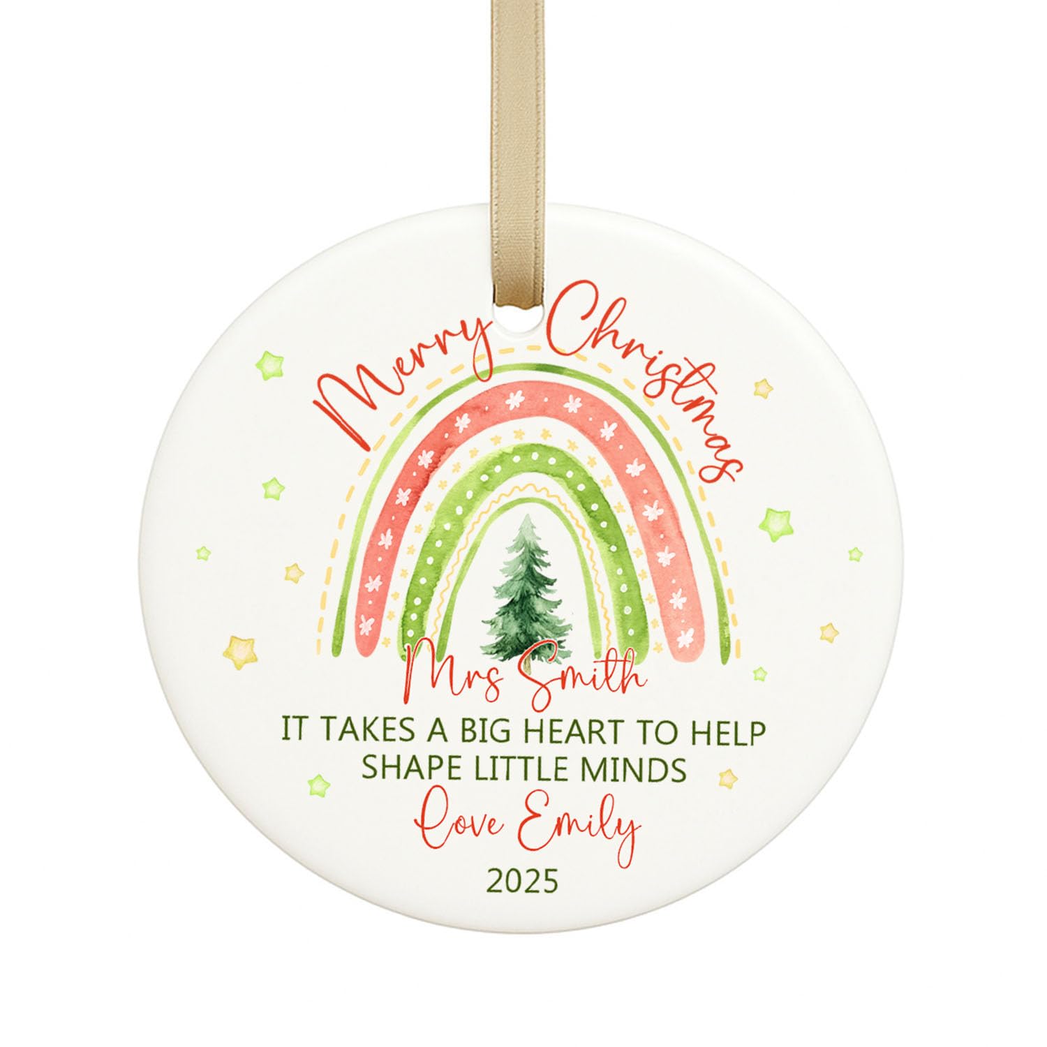 Personalized Teacher Merry Christmas Ceramic Ornament | End of Year Gift for Teacher Nursery Teaching Assistant | XMAS Tree Decoration for Teacher Appreciation