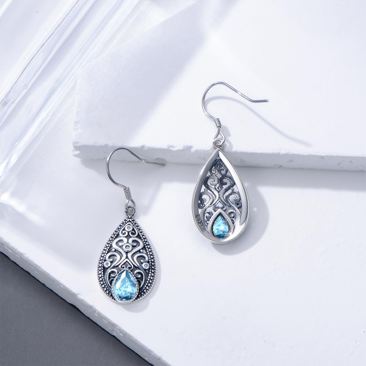 925 Sterling Silver Vintage Retro Filigree Dangle Drop Earrings with 7mm Teardrop 12 Months Birthstone Birthday Jewelry Gifts for Women Her