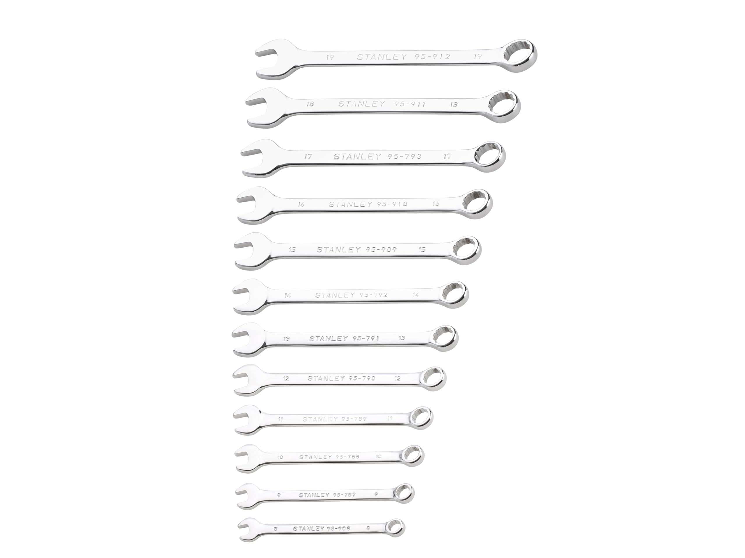 STANLEY Combination Wrench Set, 12 Piece. Forged in Corrosion Resistant Chrome Vanadium Steel with a high Chrome Finish.