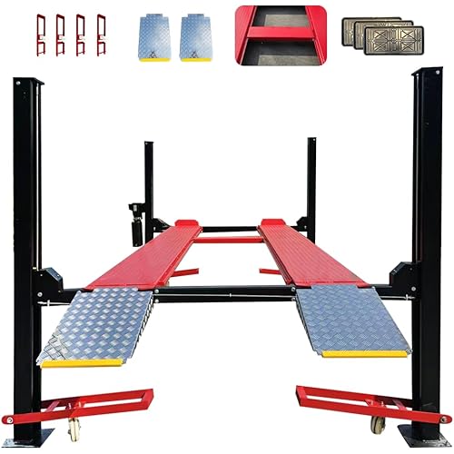 KT-4H950 110V 3.0HP Four Post Lift Car Truck Parking Hoist Aluminum Plate with Casters and Rollingjack 9500Lbs Lifting Capacity，Max Lifting Height 84.5 Inch Extra Wide 113 Inch