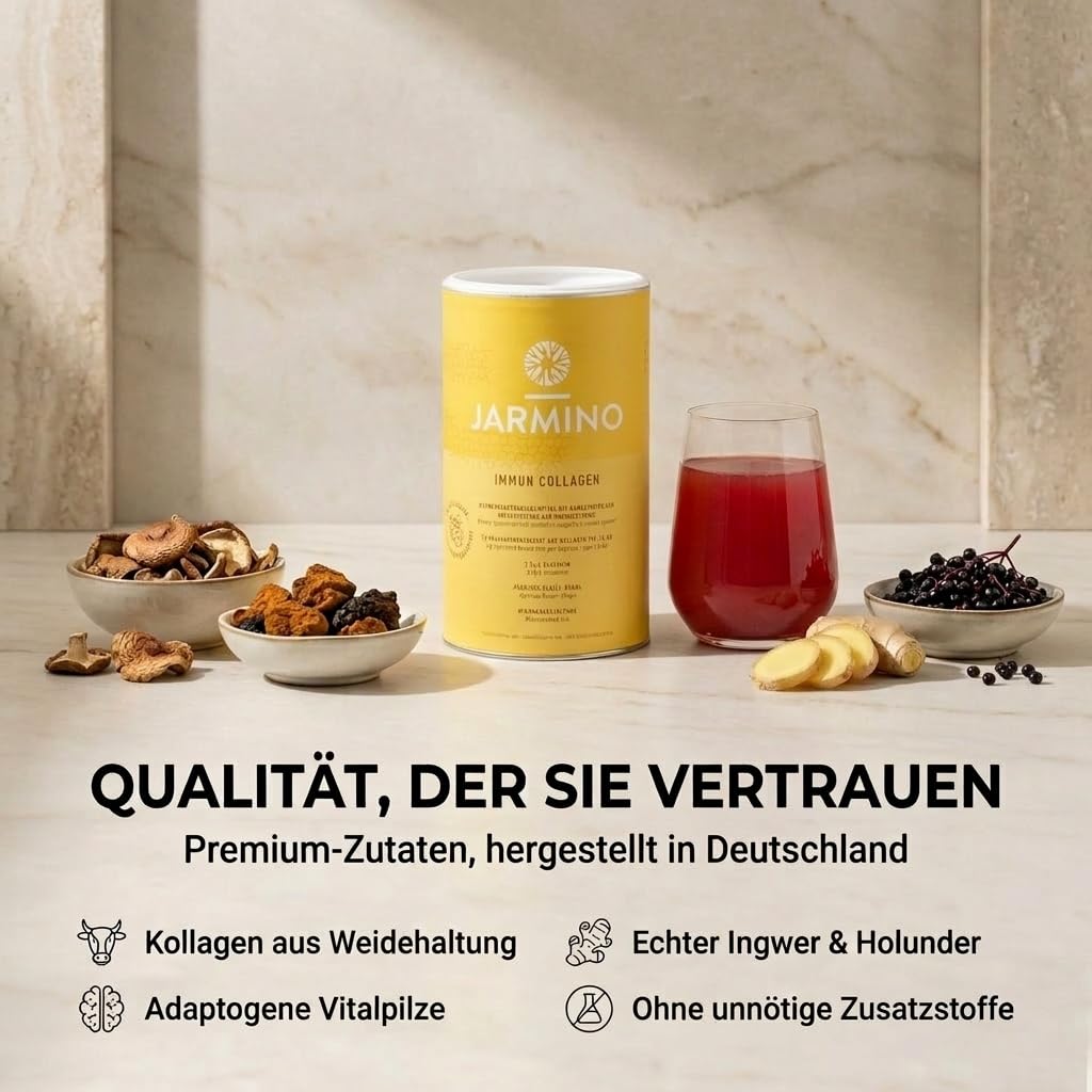JARMINO Immun Collagen | Kollagen Hydrolysat mit L-Glutamin - Immunsystem stärken | Vitamin C, D, Selen, Zink, Ingwer, Holunder, Vitalpilze | 450g Immun Boost Glutamin Pulver