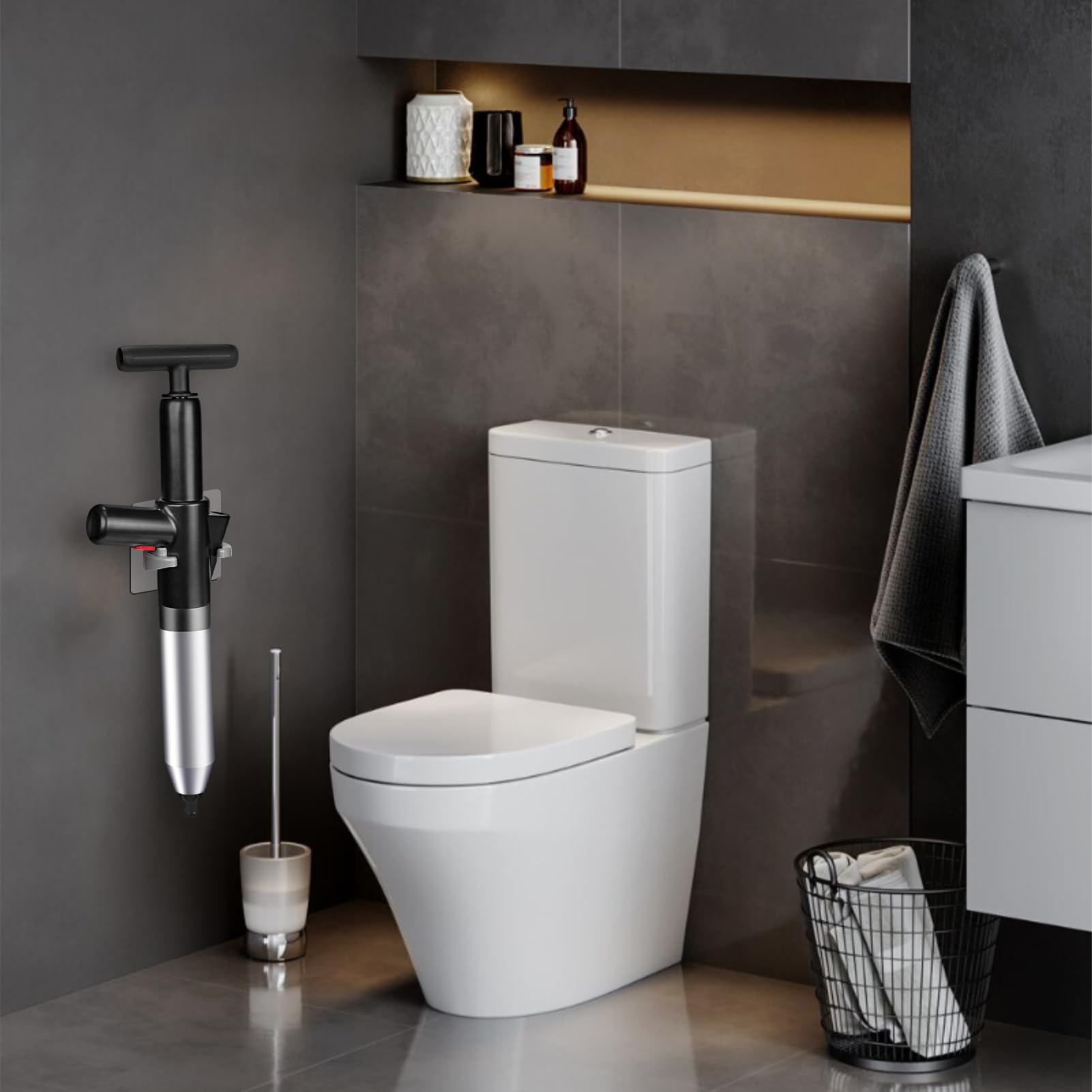 inShareplus Deboucheur WC 5-en-1 à Haute Pression avec Baromètre – Déboucheur Canalisation avec 4 Ventouses, Gants et Crochet, pour Toilette, Lavabo, Baignoire, Sol – Noir