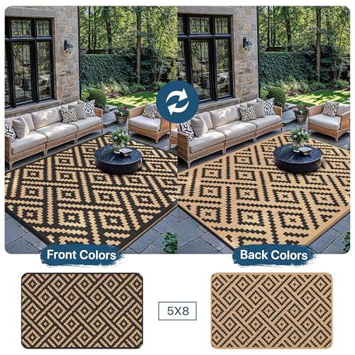 Miniatura 6 de GENIMO Alfombra Exterior Terraza,Impermeable Reversible Plástico, Alfombra Barbacoa Exterior para Jardín, Picnic, Balcón, Rombo Marrón Negro, 150 x 240 cm | Alfombra moderna reciclada resistente a los rayos UV para jardín, camping, patio, pícnic, patio trasero y balcón