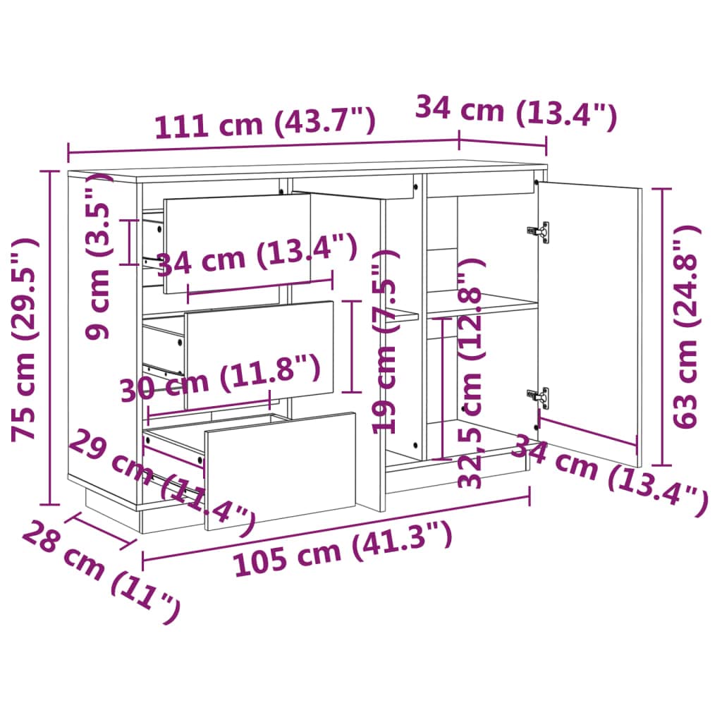 vidaXL Buffet Armoire de Rangement Organisateur de Maison Armoire de Salon Meuble de Salle de Séjour Intérieur 111x34x75 cm Bois Massif de Pin