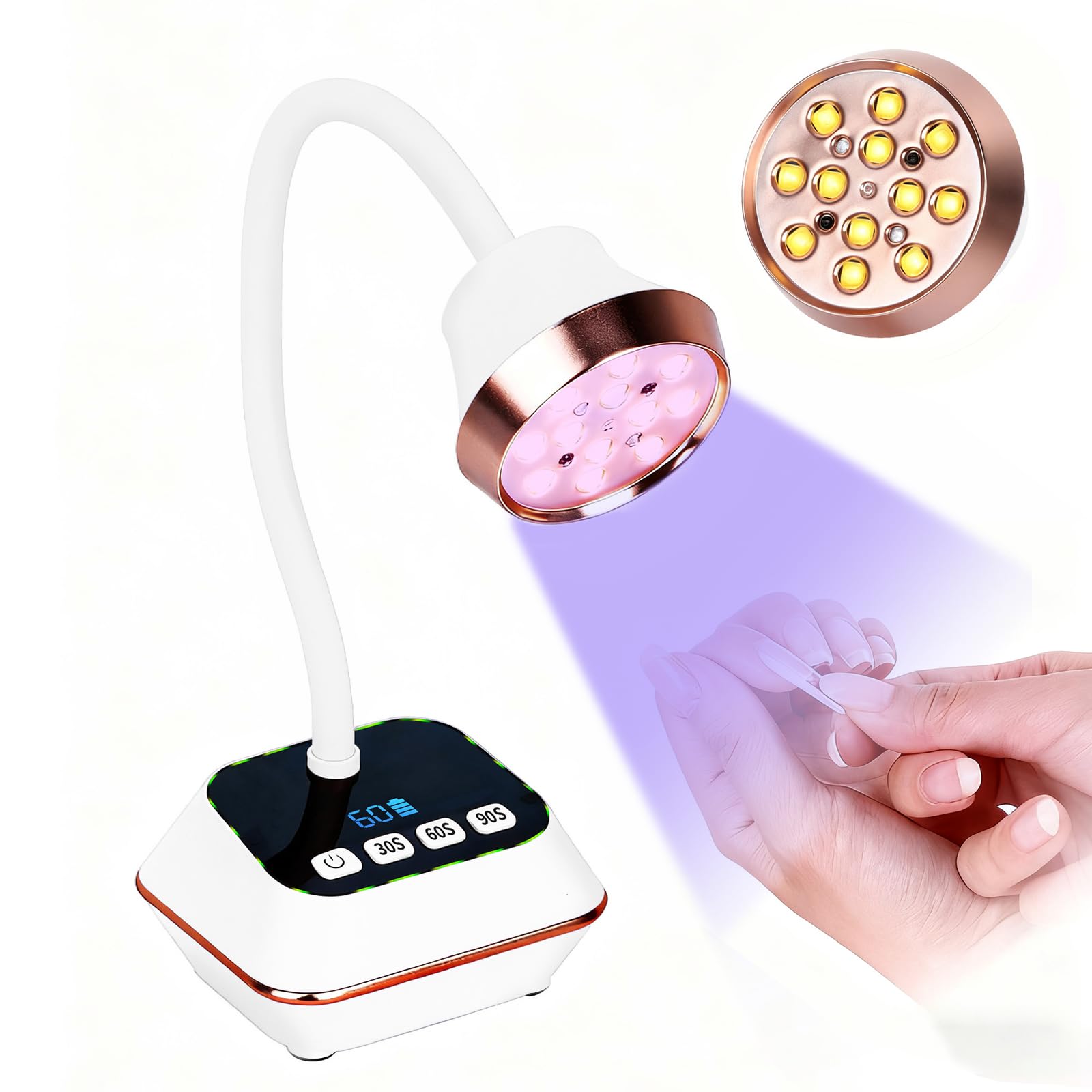 36W Lampe UV Ongles Gel, Mini Lampe UV avec Capteur Intelligent et Écran LCD, 30s/60s/90s Modes, Rechargeable Petite Sèche Ongles Design Col de Cygne Flexible pour Salon et Maison, Blanc