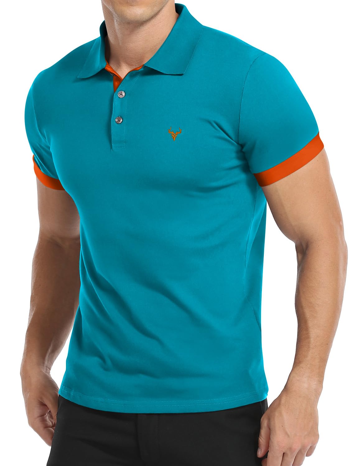 KUYIGO Herren Kurzarm-Poloshirt Gestickter Hirschkopf Slim Fit Baumwolle Golf-Sporthemd S-XXL