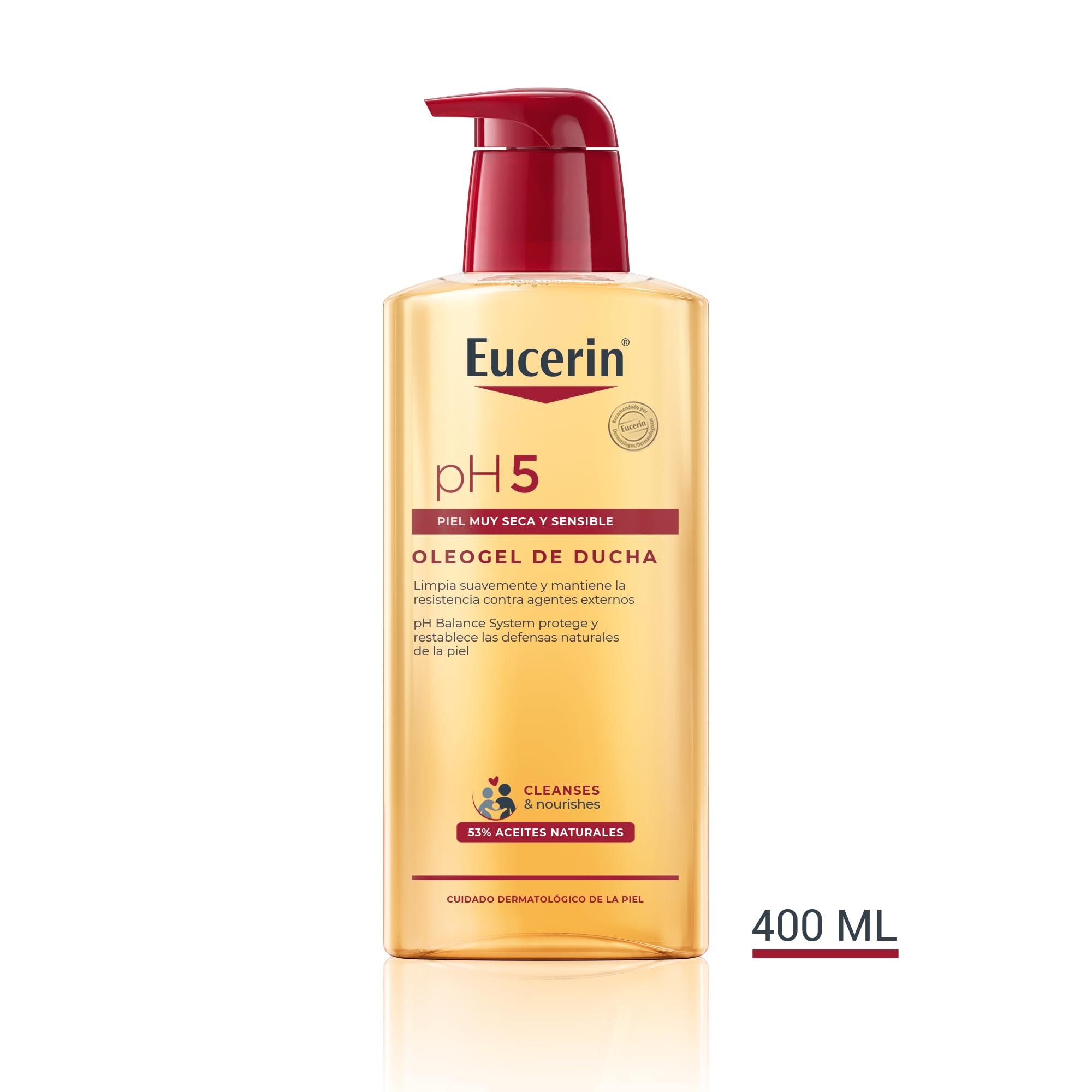 Eucerin pH5 Oleogel de ducha (400 ml), aceite limpiador corporal con aceites naturales para una limpieza diaria suave y nutritiva, aceite para ducha para toda la familia, piel seca y sensible