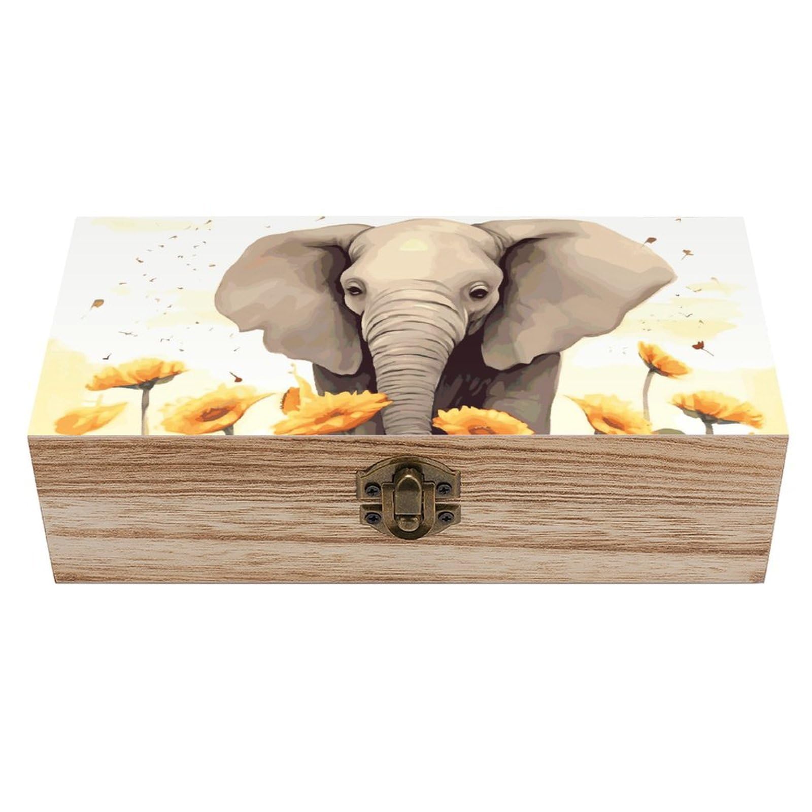 FekiLoot Elephant And Sunflower Wooden Keepsake Box Decorative Wood Storage Organizer with Hinged Lid Large Handmade Boxes Wedding Memory Treasure Box for Jewelry Photos Stamps Crafts