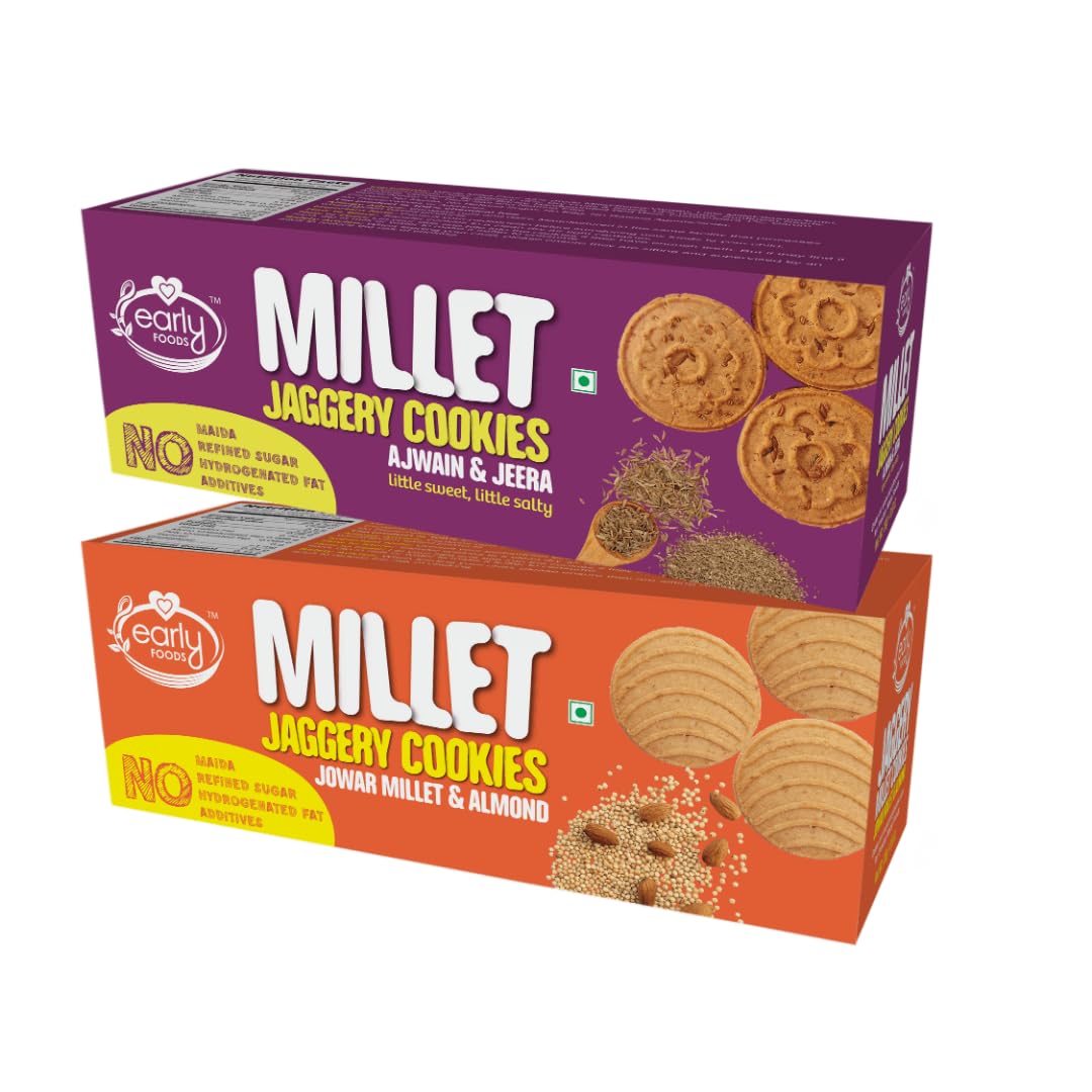 Early Foods Assorted Pack of 2 - Ajwain & Jowar Jaggery Cookies (130 g x 2) | Sugar free biscuits|Millet Biscuits (B0BRNB9SCW) Amazon Price History, Amazon Price Tracker