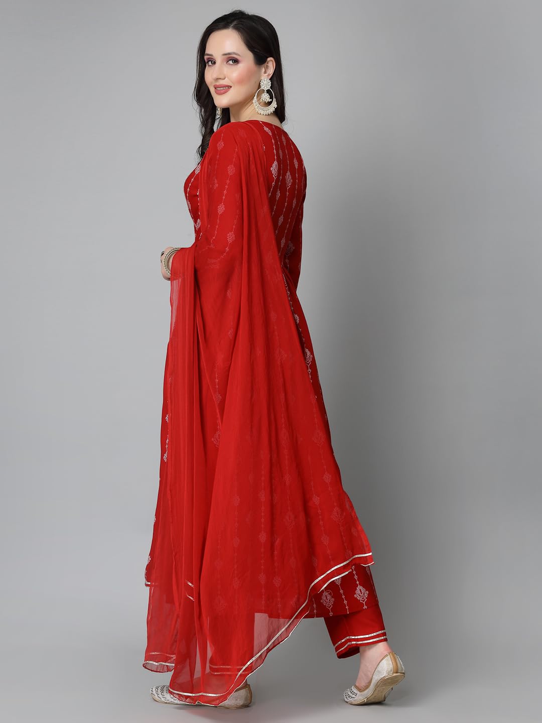 Stylum Women's Printed & Embroidered Naira Cut Kurta Pant Dupatta Set (Kpdgermanred44_Red, Xxl)