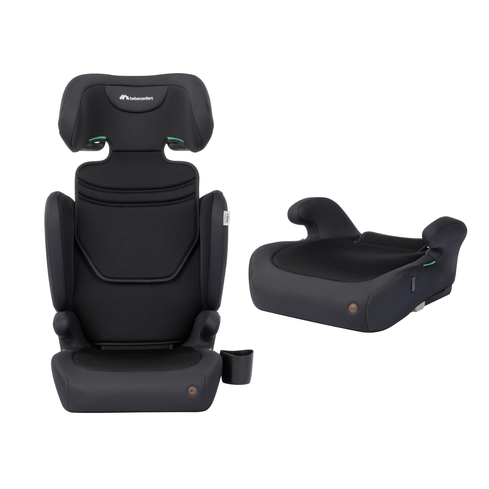 Bebeconfort Ride 2-in-1 i-Size Asiento Elevador con respaldo para coche, 100–150 cm, 3,5–12 años, silla coche ISOFIX, respaldo desmontable, 3,7 kg, 11 posiciones reposacabezas, portavasos, Full Black