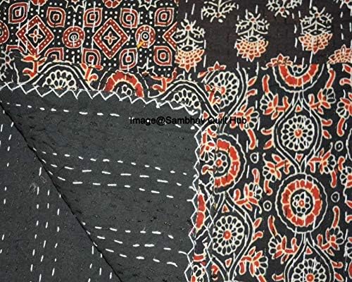 Black Patch Quilting Hippie Kantha Ajarkh Hippie Handmade Queen Size Kantha Bedspread Ajrakh Reversible Hand Stitched Cotton Kantha Quilts Bohemian Floral Kantha Twin/Queen (60X90 inch)