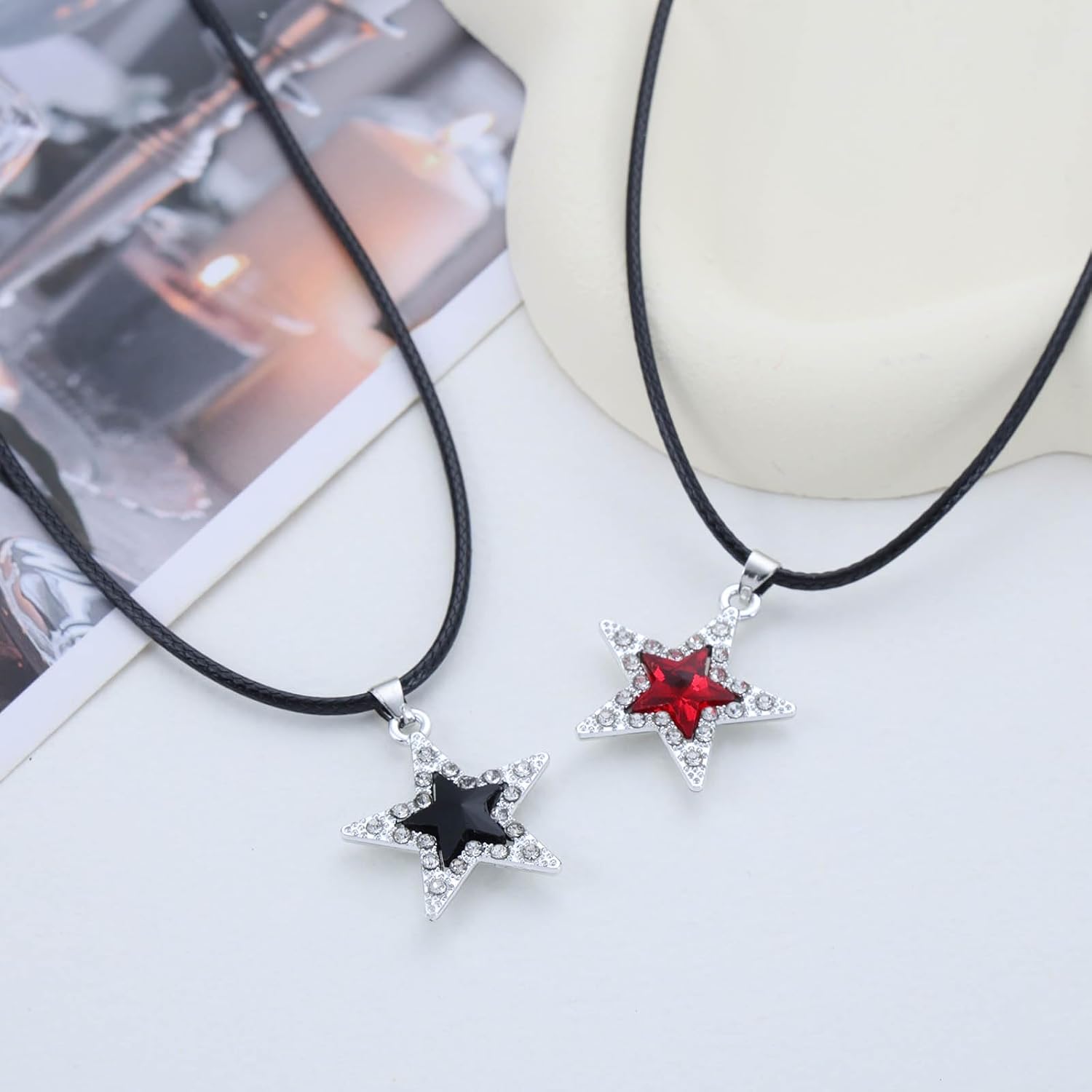 Gothic Star Choker Necklace Leather Star Pendant Necklace Red Crystal Star Necklace Black Leather Cord Choker Necklace Leather Short Necklace Jewelry for Women - Image 5