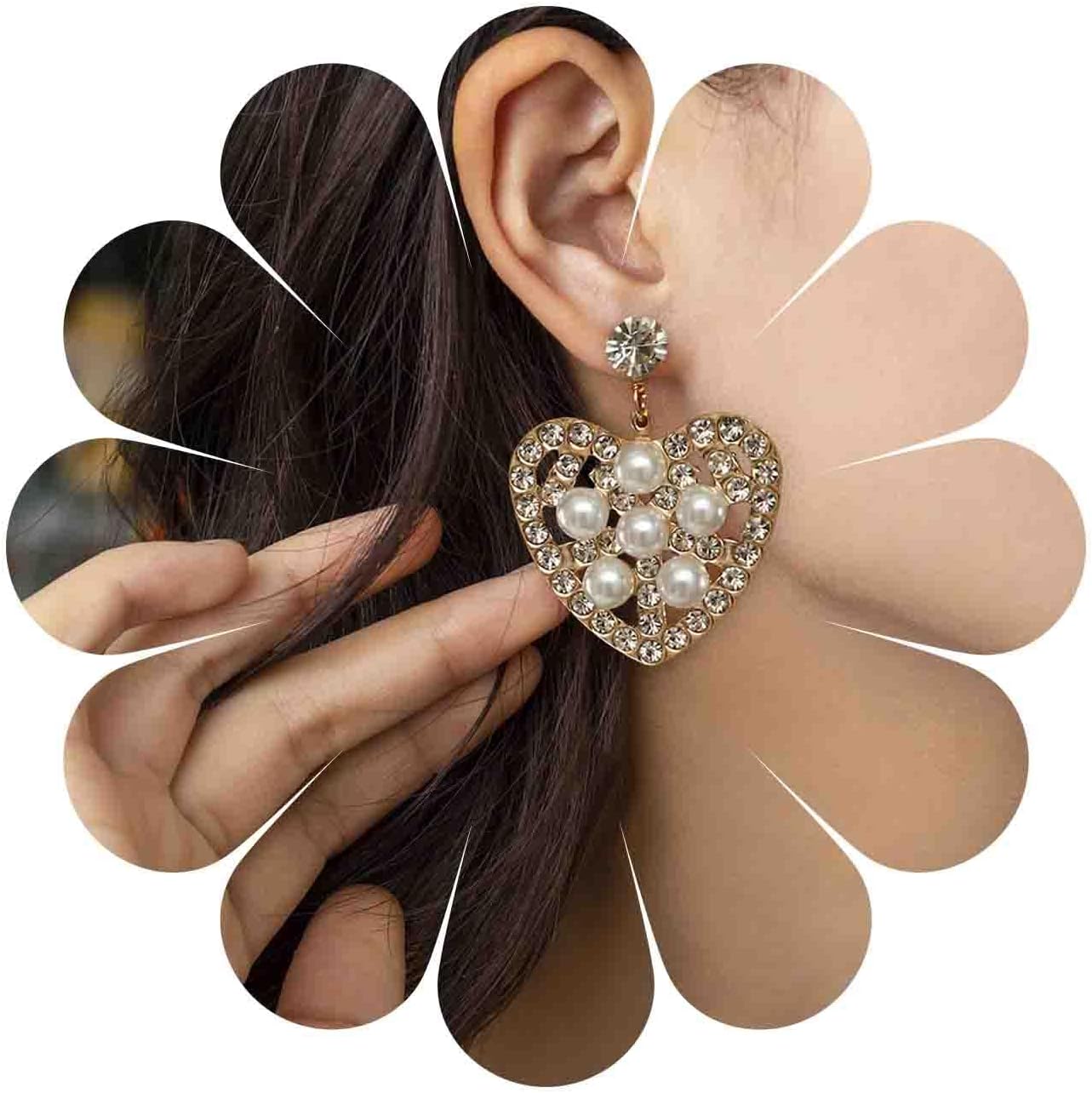 Boho Pearl Crystal Heart Earrings Large Pearl Heart Dangle Earrings Gold Cz Heart Drop Earrings Exaggerated Heart Shape Earrings Jewelry for Women