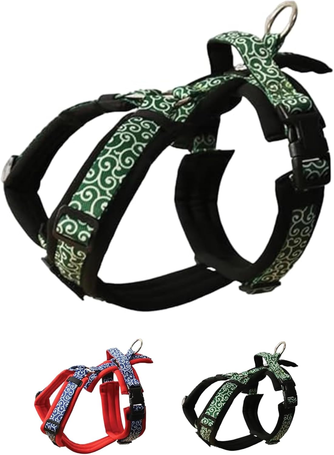 [白山:Hakusan] Zero Dog Harness Karakusa Type, Safe - No chocking/Hard to Disconnect, Great fit - Easy Put on and Off/Adjustable, Reflector, XL - Large Dog, Two-Tone Karakusa Black×Green