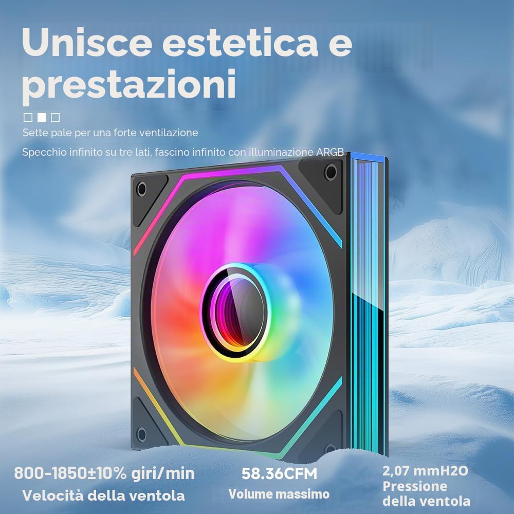 TZMRIT Prism 6MAX Reverse Blade RGB PC Ventola 120 mm 3 pezzi [Rettangolo Infinity Mirror MAX] [1850±10% RPM] 5V3PIN ARGB e 12V4PIN PWM Ventola Nero