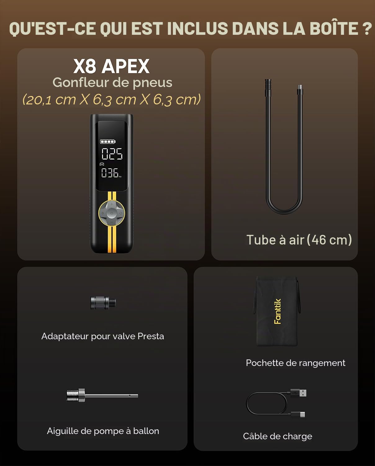 Fanttik X8 APEX gonfleur de pneus, 12V compresseur d'air portable, gonflage rapide en 1 Min, 150 PSI gonfleur pneus voiture sans fil, avec double écran LED pour MPV, voiture, vélo électrique, moto