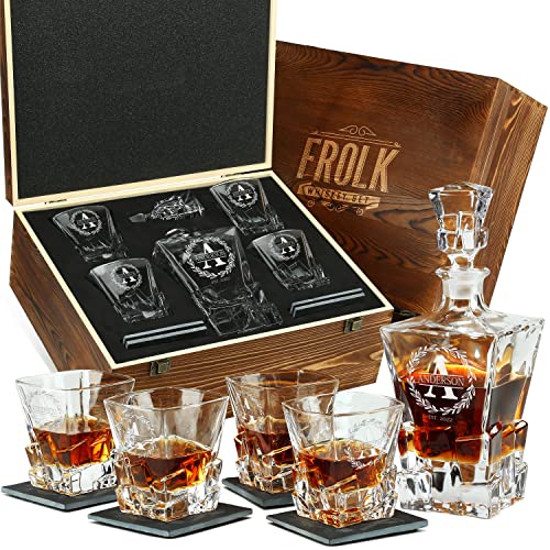 Personalized Whiskey Decanter And Glasses Set - Customized Gift For Him - Men, Dad, Father, Brother, Son - Engraved Rocks Whiskey Decanter, 4 Xl Glasses, 4 Slate Coasters In Premium Wooden Gift Box #TOP8
