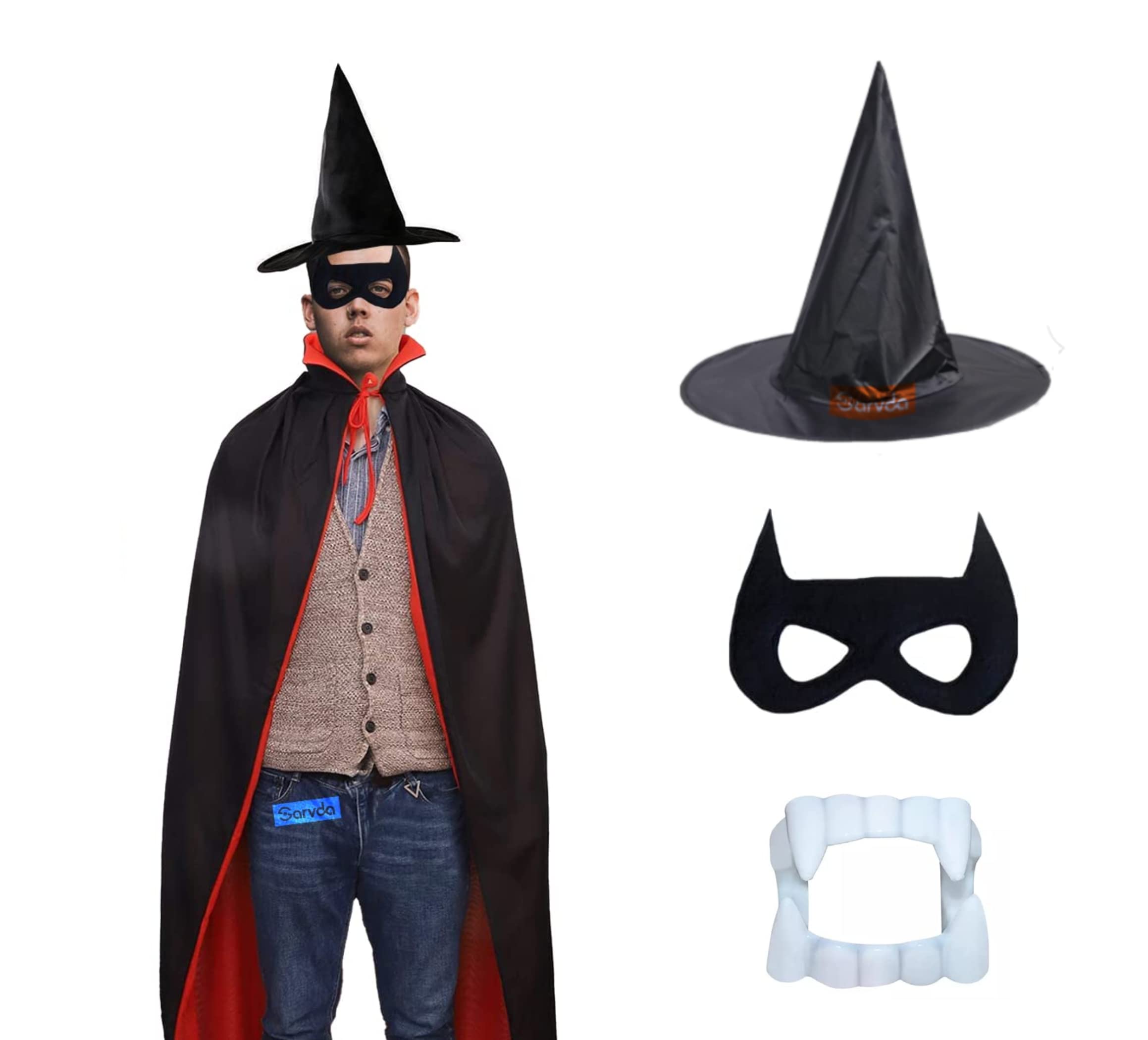 Sarvda Halloween Costumes for Men | Halloween Capes for Adults | Vampire Robe Fancy Dress | T-Shirt For Men | Halloween Dress For Roleplay. (16-40 Years, Halloween Robe With Hat, Felt Mask & Teeth)