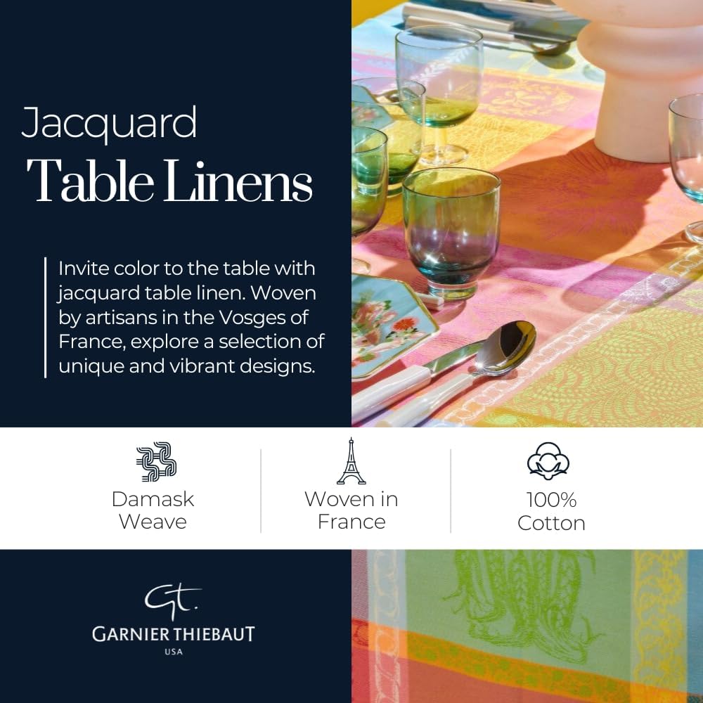 Garnier-Thiebaut USA Persina Crepuscule Tablecloth 69"x120", 174cmx304cm, Green Sweet Stain-Resistant Cotton, High Thread Count, Mitered Corners, Silver Threads. Made in France