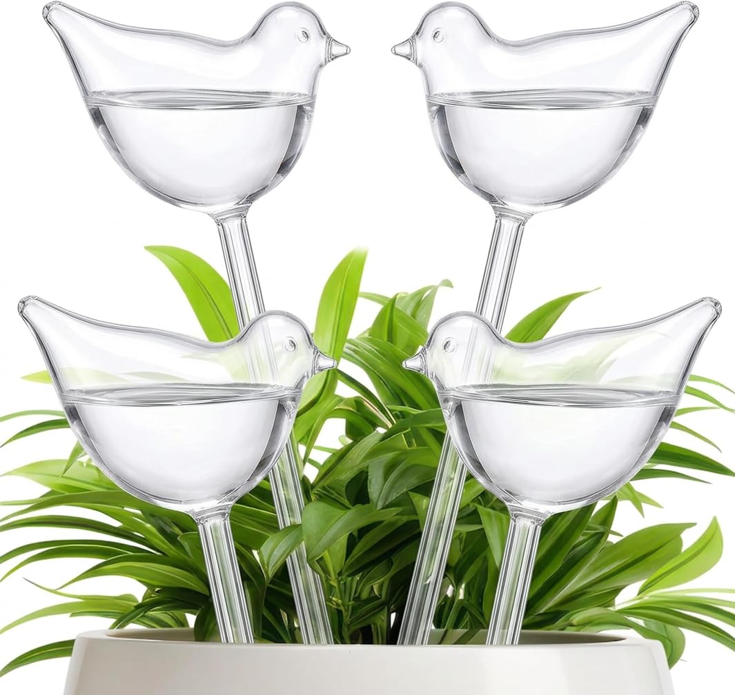 4PCS Birds Plant Watering Devices, Self Watering System Plant Spikes, Plant Watering Globes, Automatic Plant Waterer for Vacation, Plants Drip Feeders for Potted Plants Clear Glass Design (100ML/1PC)