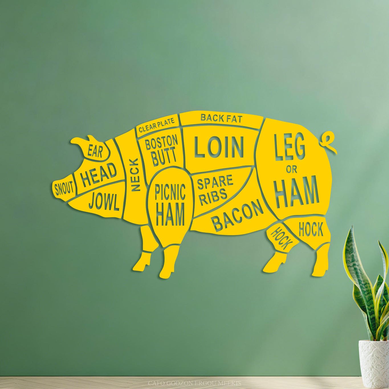 Vinyl Wall Stickers Restaurant Animal Body Parts Dissection Pig Kitchen Cut 42x71.2cm Can Modify and add Information Yellow