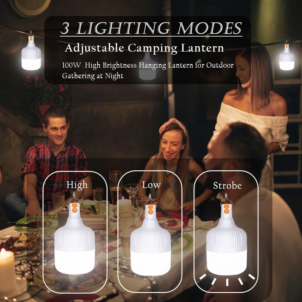 100W Large Size 4 Power Display Camping Lights Portable Rechargeable Lantern Hanging Tent Lamp Waterproof Battery Bulbs Outdoor 3 Mode for Power Outages Canopy Vendors Gathering Emergency 4 Pack - Image 5