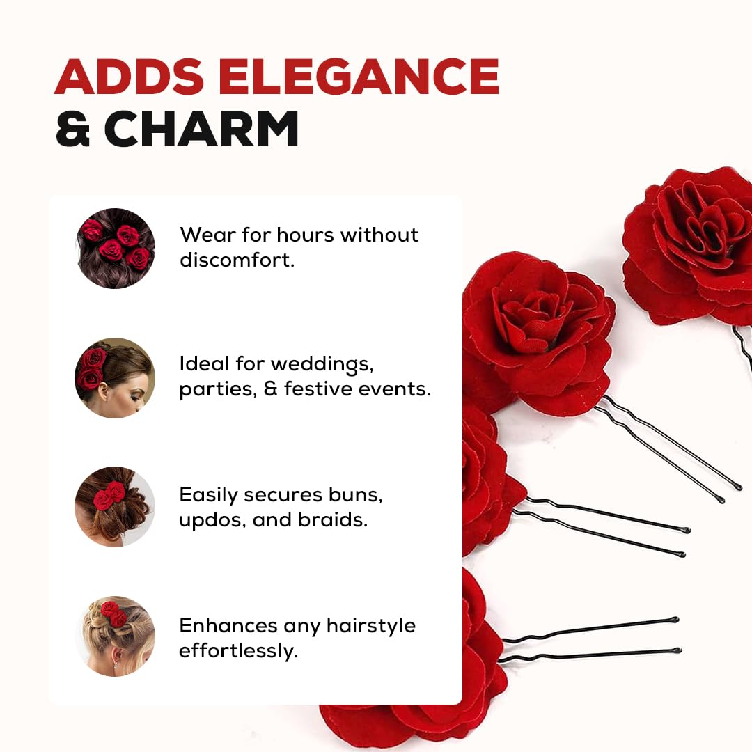 Multibrite Small Red Rose Hair Clip, Bobby Pins for Thick & Thin Hair, Artificial Flower Clips for Wedding, Party & Casual Days, Juda U Pins, Stylish Hair Accessories for Women's and Girls (2 Pcs) 4