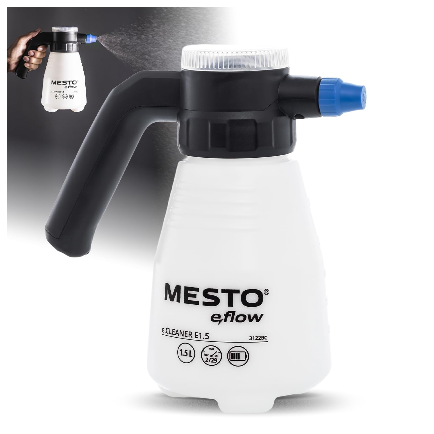 MESTO e.Cleaner E1.5 Akku-Drucksprüher 1,5L | Akku Drucksprühgerät 2 bar | Drucksprüher elektrisch für Reinigung | Drucksprühflasche für leicht alkalische Flüssigkeiten & Laugen | inkl. USB-C Kabel