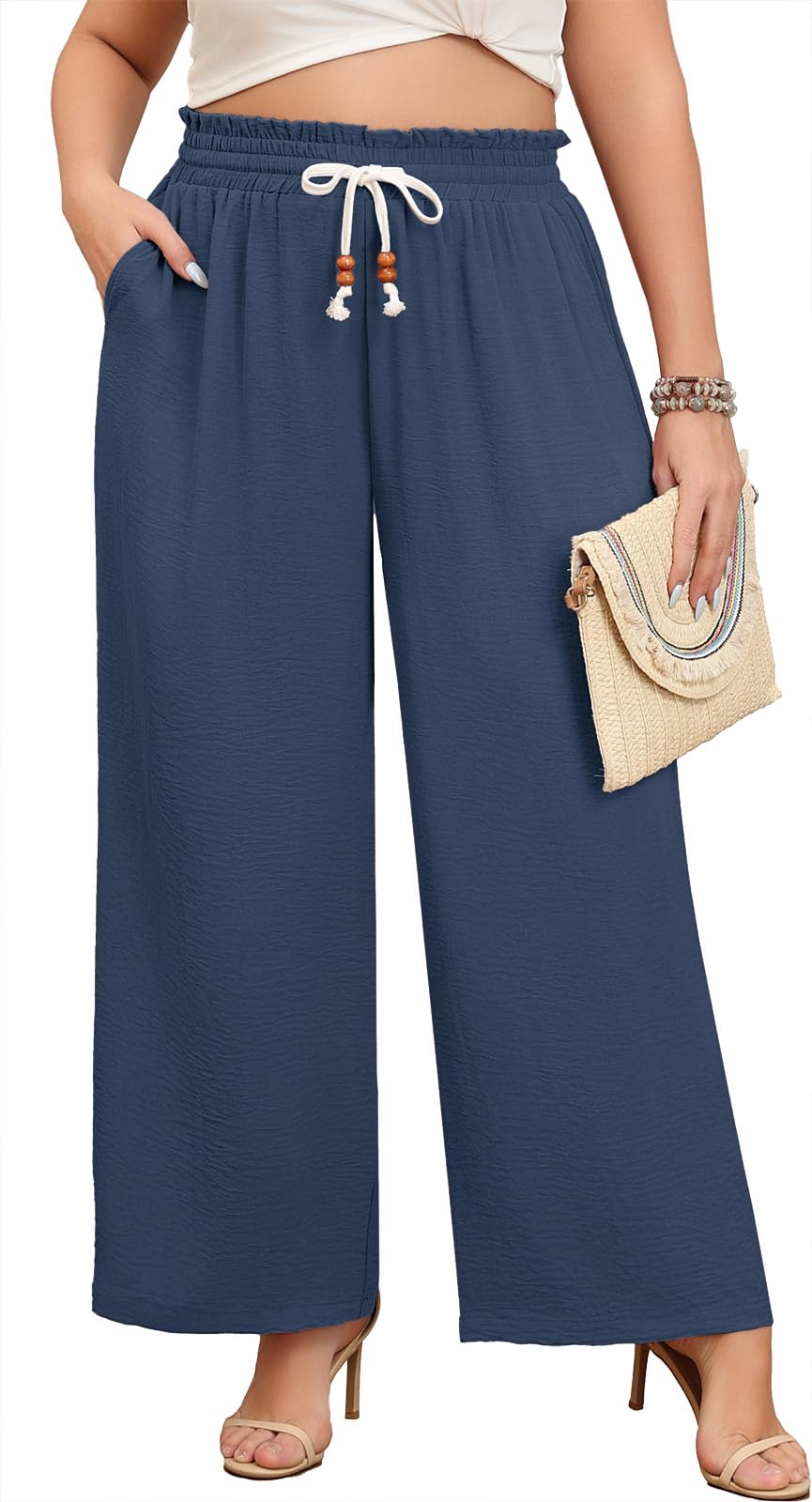 Lastshe Plus Size Wide Leg Pants for Women Elastic High Waisted Drawstring Loose Lounge Long Palazzo Trousers with Pockets
