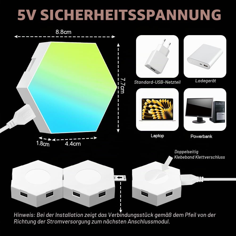 URAQT Sechseck Gaming Wandleuchte, 12 Stück Hexagon LED Panel RGB Smart Wand Panel App Steuerung Musik Sync Wandbeleuchtung Smart Sechseckige Gamer Room Deko Modular Lampe