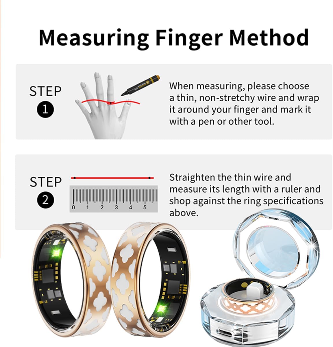 Diagram showing how to measure finger circumference with a string and ruler