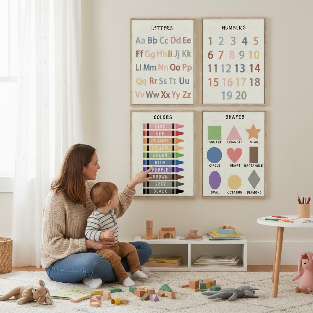 ZPJLRFC 4Pcs Nursery Classroom Canvas Wall Art Educational Preschool Learning Posters Artwork Shapes Colors Numbers Alphabet Painting Pictures Wall Decor for Playroom Home Decoration 12x16in Unframed