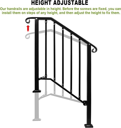 Miniatura 5 de Zwinz Pasamanos ajustables para escalones al aire libre, pasamanos #2 para 2 o 3 escalones, pasamanos de hierro forjado mate, riel de escalera con