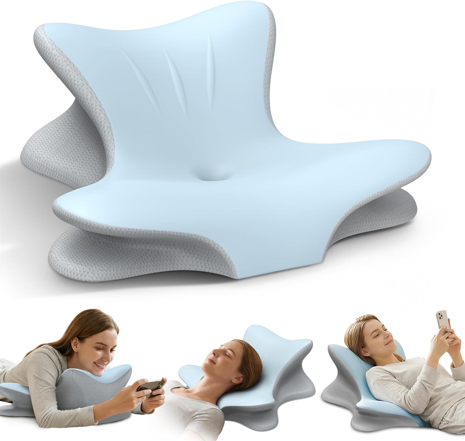 Tujami Cervical Neck Pillow: Ergonomic Memory Foam Reading Wedge for Pain Relief, Sleeping & Back Support (Blue Queen)